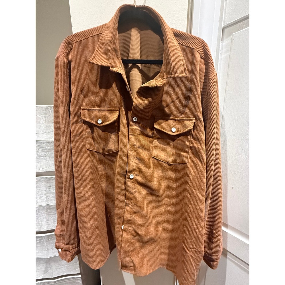 Mens Corduroy Long Sleeve Button Down Shirt Camel Brown XL Dual Pockets